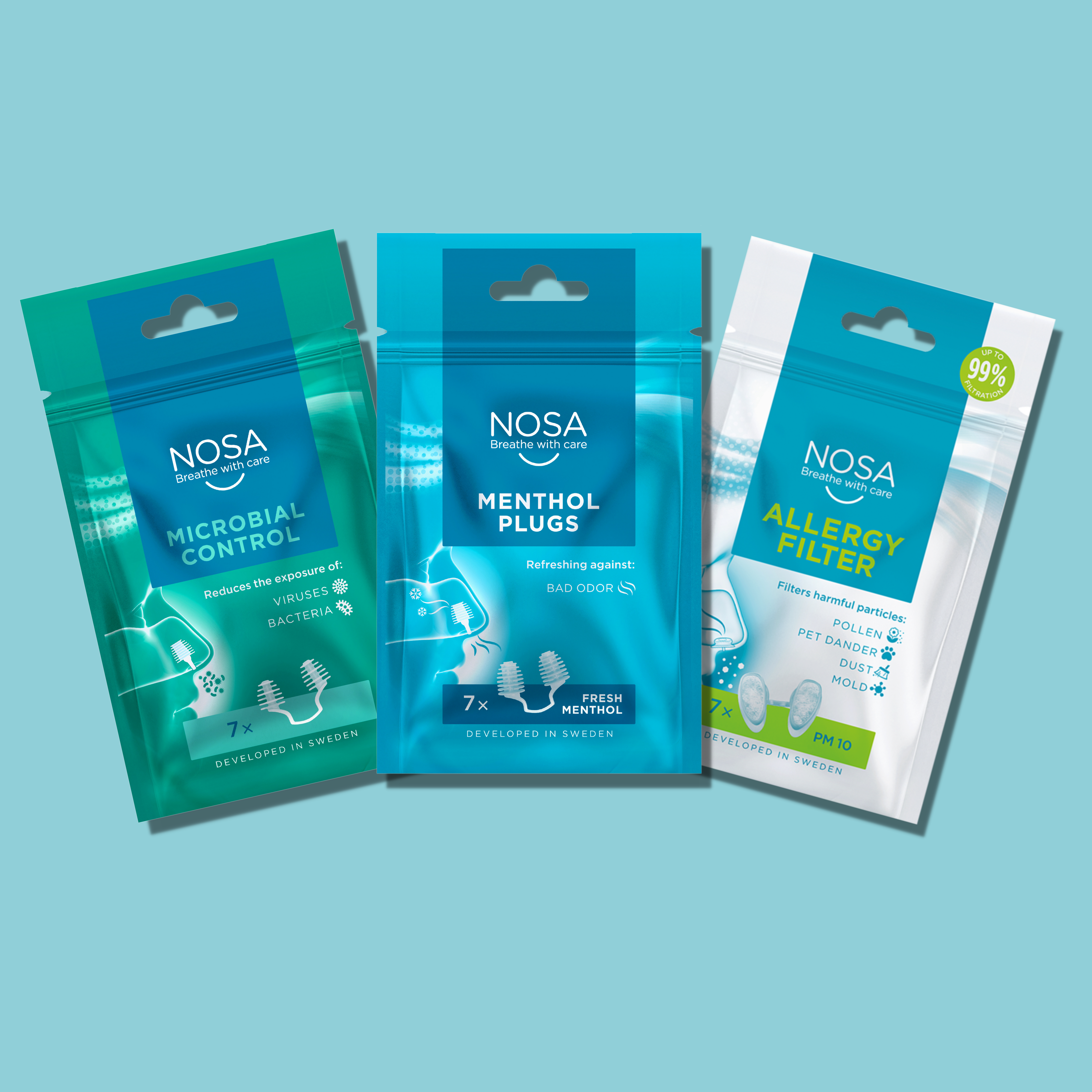 The complete kit - NOSA. contains; NOSA microbial control, NOSA menthol plugs, NOSA allergy filter